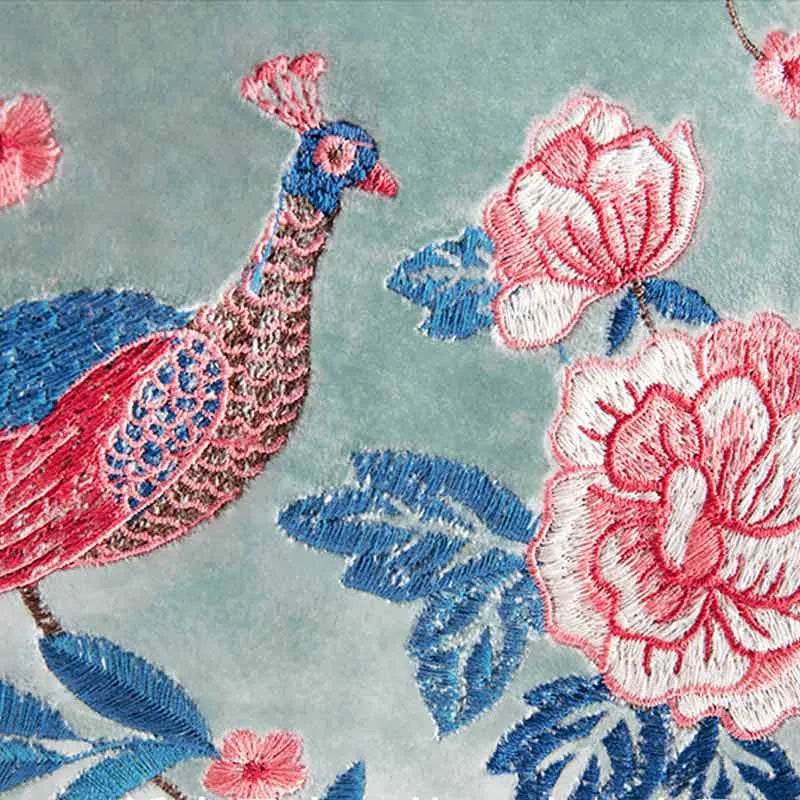 Chinoiserie Embroidery Crane and Peony Bolster Lumbar Pillow - SinoCultural -- SJZBZ070A -