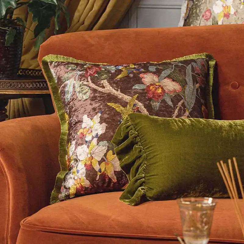 Chinoiserie Vintage Velvet Throw Pillow Floral and Botanical - SinoCultural -- SJZBZ006B01