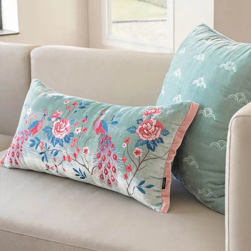Chinoiserie Embroidery Crane and Peony Bolster Lumbar Pillow - SinoCultural -- SJZBZ070A -