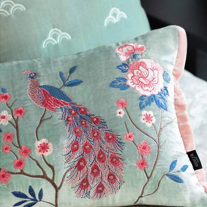 Chinoiserie Embroidery Crane and Peony Bolster Lumbar Pillow - SinoCultural -- SJZBZ070A -