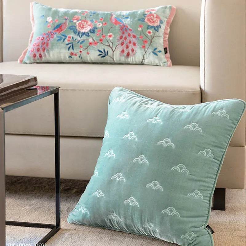 Chinoiserie Embroidery Crane and Peony Bolster Lumbar Pillow - SinoCultural -- SJZBZ070A -