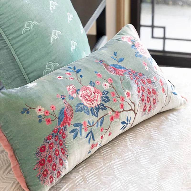 Chinoiserie Embroidery Crane and Peony Bolster Lumbar Pillow - SinoCultural -- SJZBZ070A -
