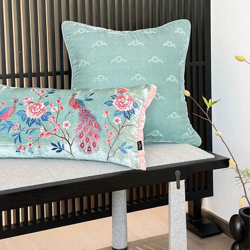 Chinoiserie Embroidery Crane and Peony Bolster Lumbar Pillow - SinoCultural -- SJZBZ070A -