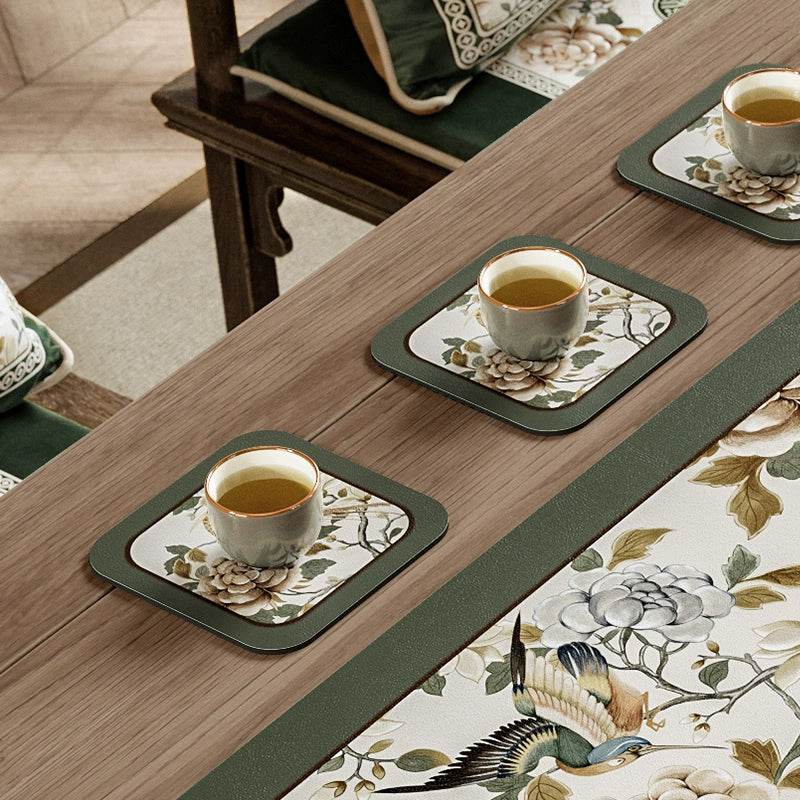 Chinoiserie Tea Table Runner Vintage Leather Absorbent Tea Mat - SinoCultural -- TM050A15