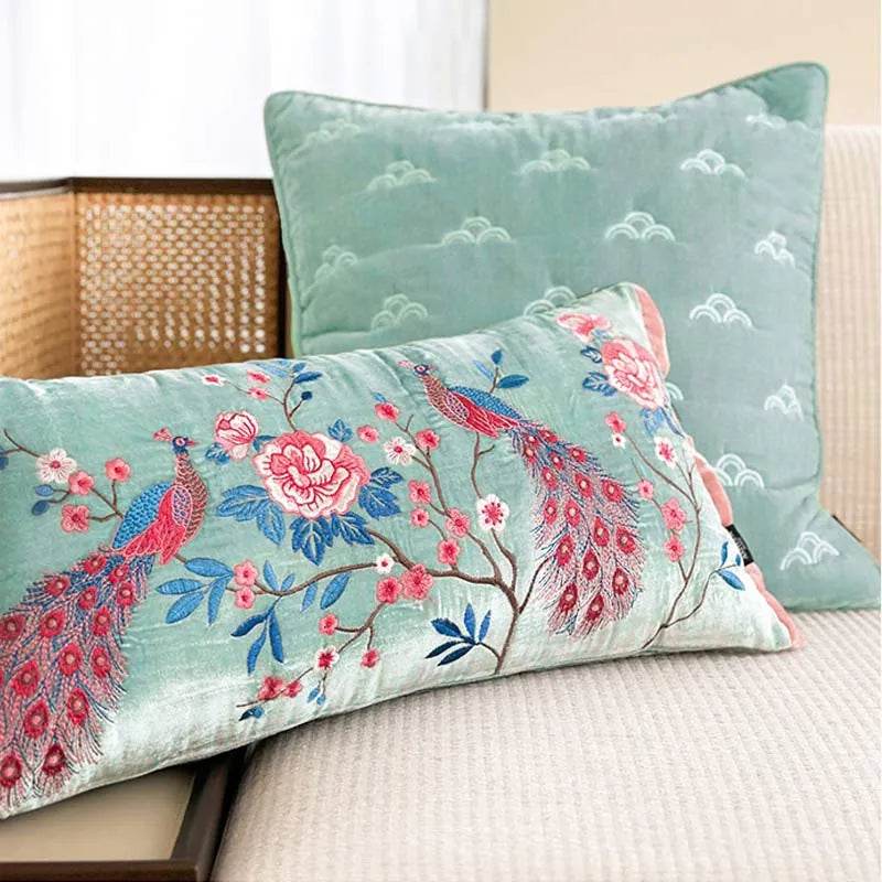 Chinoiserie Embroidery Crane and Peony Bolster Lumbar Pillow - SinoCultural -- SJZBZ070A -