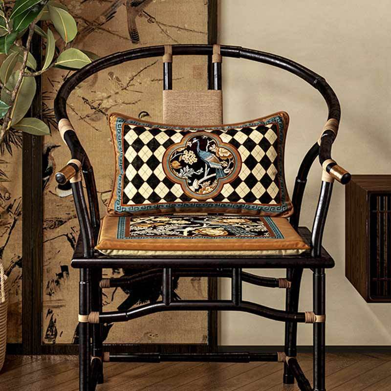Chinoiserie Vintage Luxury Peacock Pattern Lumbar Pillow - SinoCultural -- WP023A01