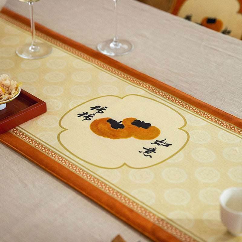 Chinoiserie Orange Table Runner Persimmons Blessings - SinoCultural -- TR007A160 -