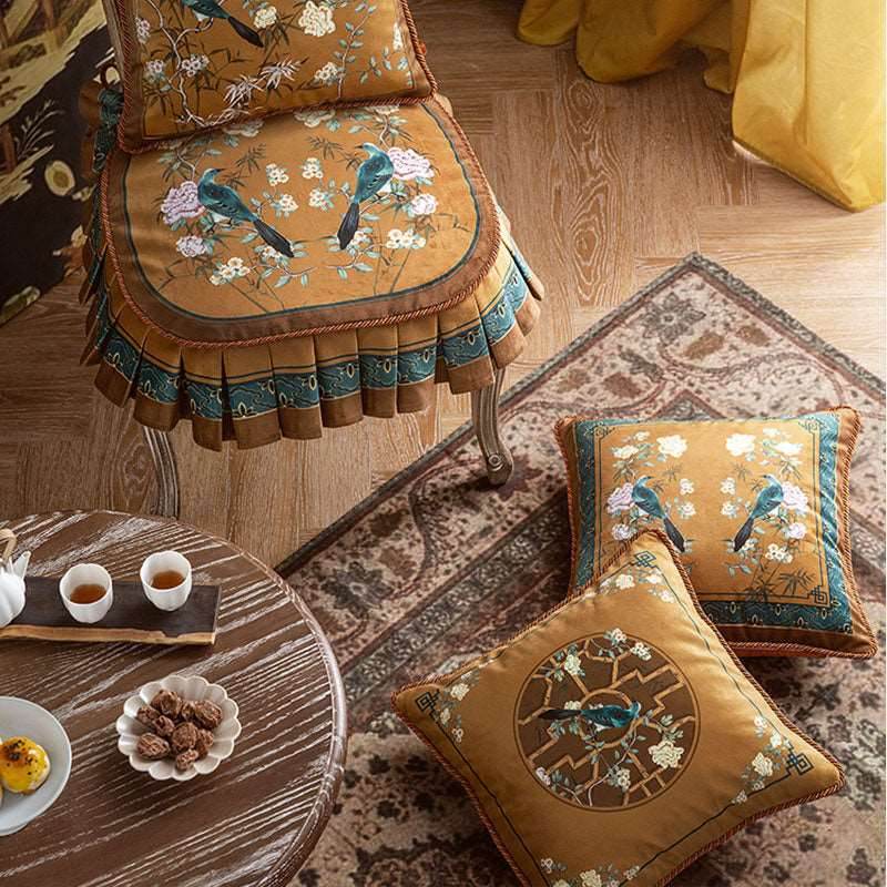 Chinoiserie Original Brown Flowers and Birds Throw Pillow Golden Reverie - SinoCultural -- SJZB040A01