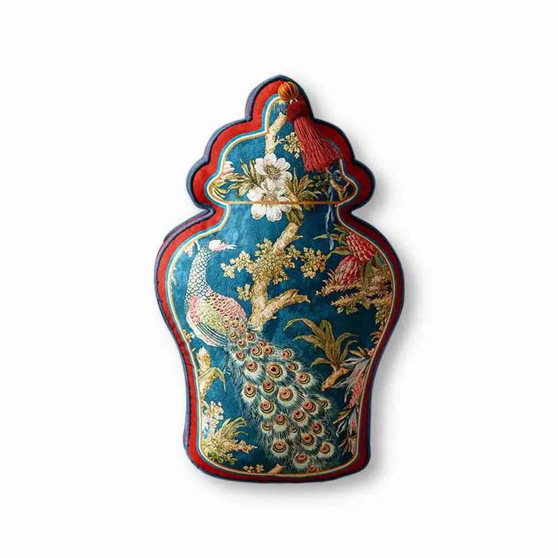 Chinoiserie Original Luxurious Vase-Shaped Peacock Lumbar Pillow - SinoCultural -- SJZBZ064A01