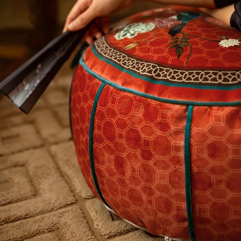 Chinoiserie Plush Joyful Red Sofa Ottoman Pouf - SinoCultural -- B48J0009-C