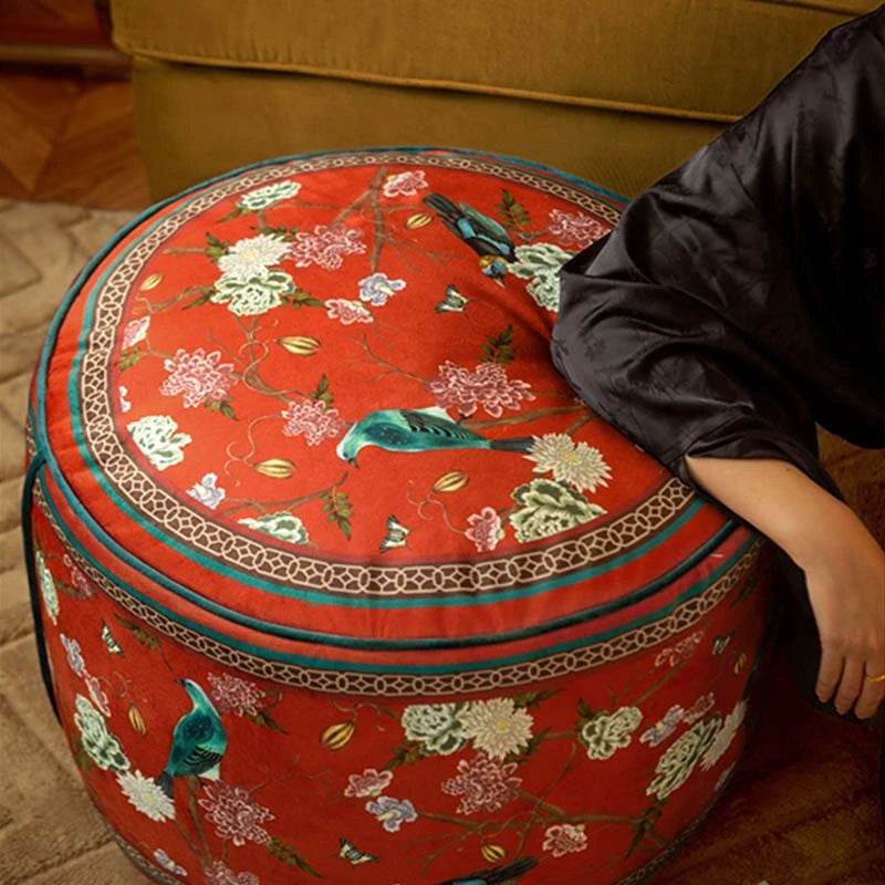 Chinoiserie Plush Joyful Red Sofa Ottoman Pouf - SinoCultural -- B48J0010-C