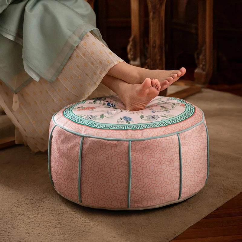 Chinoiserie Plush Powder Pink Flower Living Room Rest Pouf - SinoCultural -- B48J0015-C