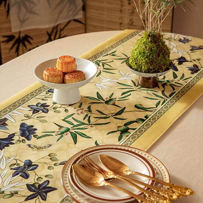 Chinoiserie Traditional Autumn Orchids Yellow Table Runner - SinoCultural