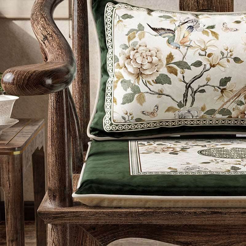 Chinoiserie Warm Spring Dark Green Flower and Birds Chair Cushion - SinoCultural -- SC012A38 -