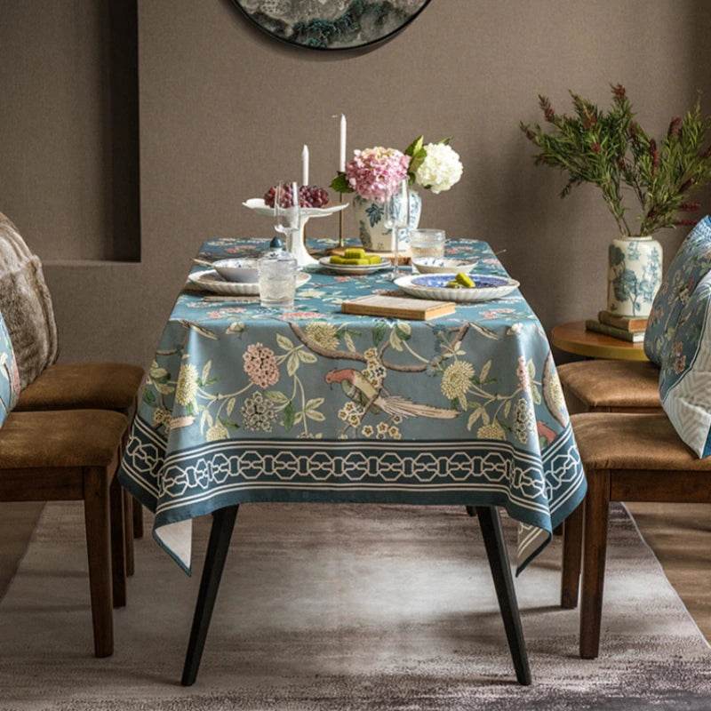 Chinoiserie Vintage Flowers and Birds Blue Tablecloth - SinoCultural -- TC008B85