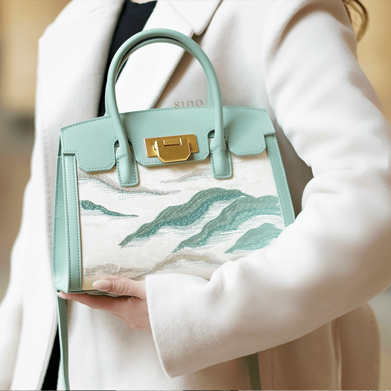 Embroidery Leather Elegant Birkin Handbag Cloud Mountain - SinoCultural -- P120659-1 -