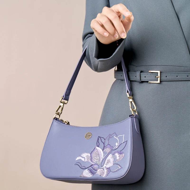 Embroidery Leather Red Shoulder Bag Peony Women's Hobo Handbag - SinoCultural -- P220212-1