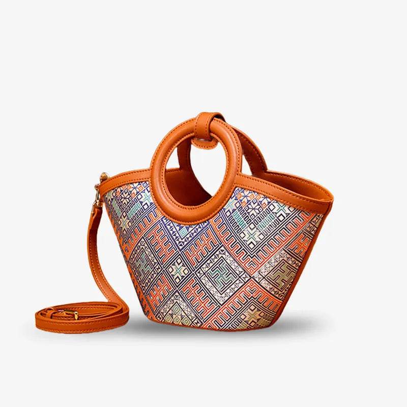 Zhuang Brocade Handicraft Unique Crossbody Basket Bag - SinoCultural -- FJ120001-2