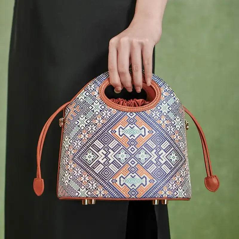 Zhuang Brocade Vintage Drawstring Bucket Bag - SinoCultural -- FJ120670