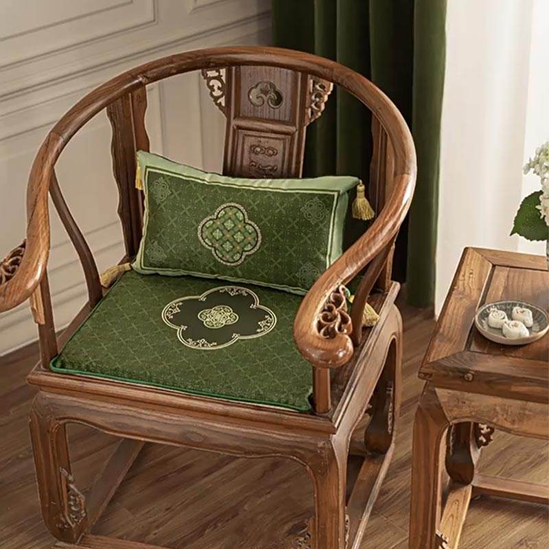 Chinoiserie Dark Green Vintage Short Plush Chair Cushion - SinoCultural -- SC001A38 -