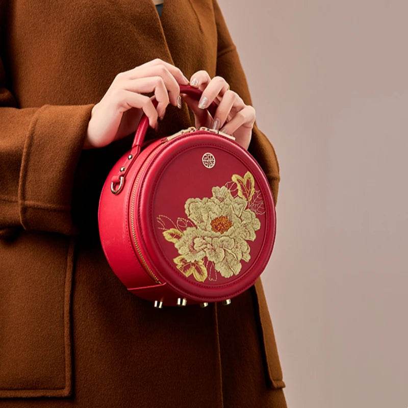 Embroidery Leather Round Handbag High Luxury Royal Gold Peony - SinoCultural -- P110171