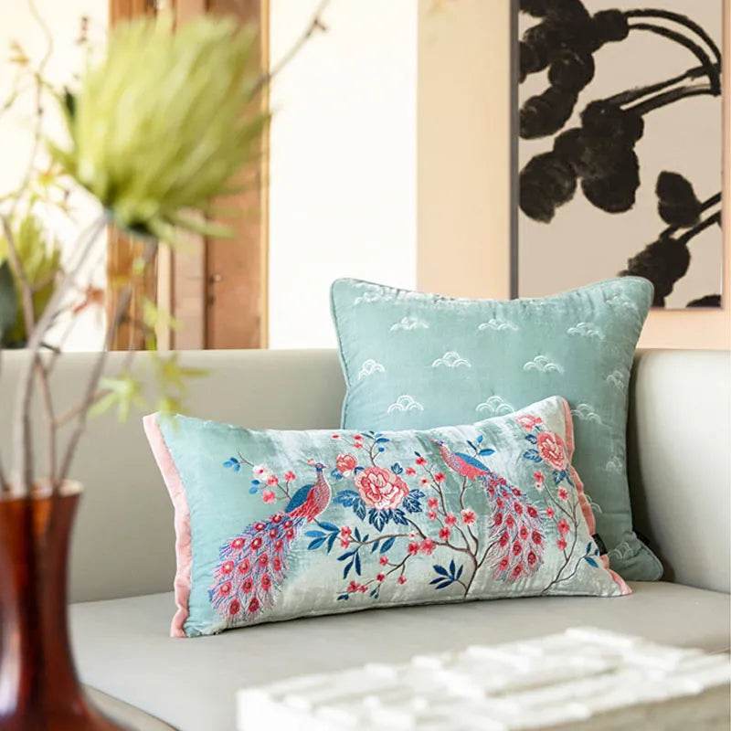 Chinoiserie Embroidery Crane and Peony Bolster Lumbar Pillow - SinoCultural -- SJZBZ070A -