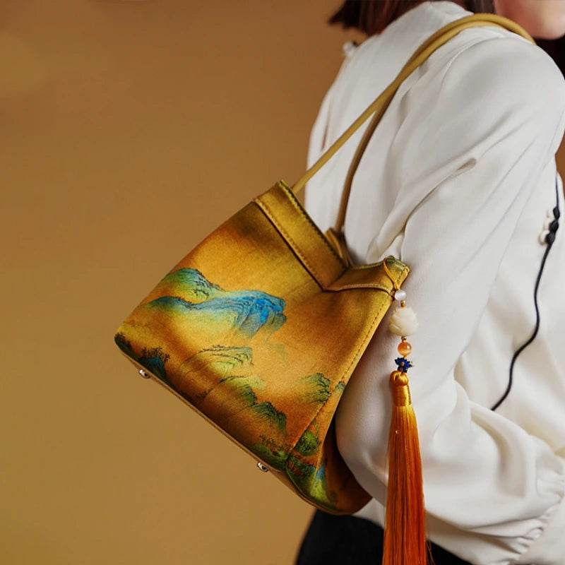 Chinese Painting Mulberry Silk Bucket Bag Vintage Handbag - SinoCultural -- P17062005-2