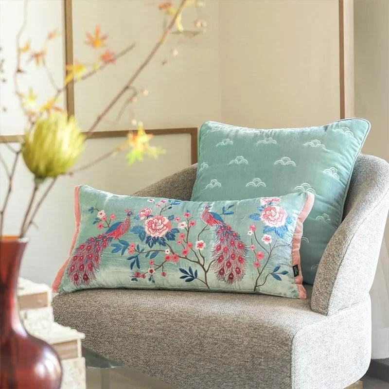Chinoiserie Embroidery Crane and Peony Bolster Lumbar Pillow - SinoCultural -- SJZBZ070A -