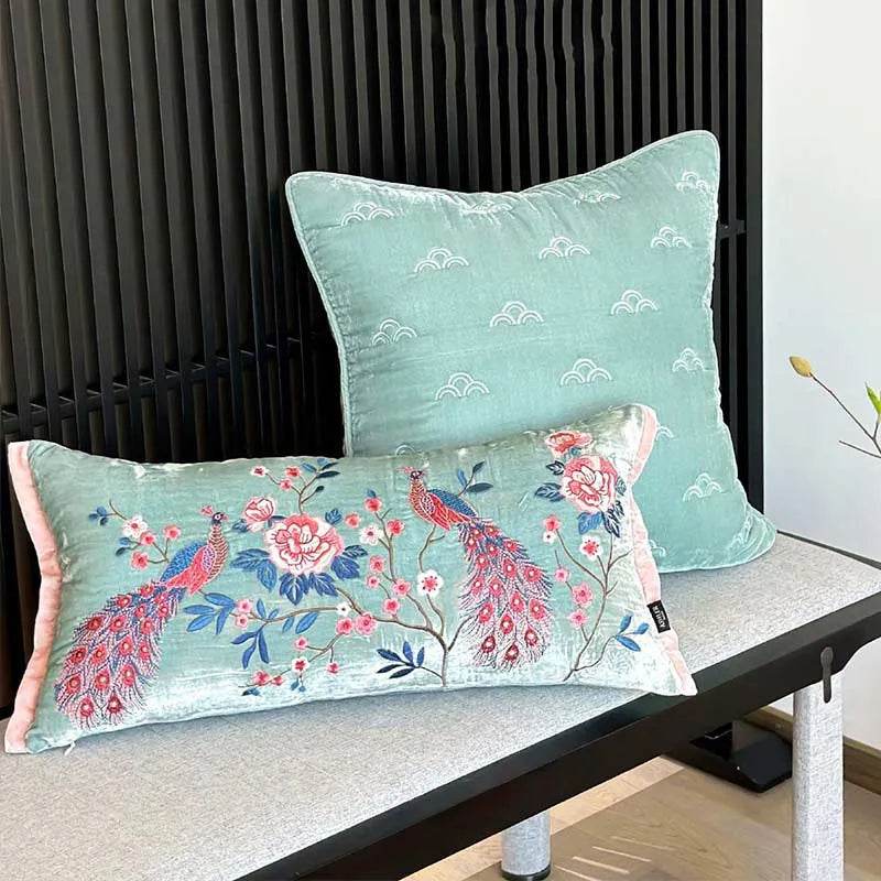 Chinoiserie Embroidery Crane and Peony Bolster Lumbar Pillow - SinoCultural -- SJZBZ070A -
