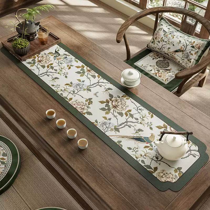 Chinoiserie Tea Table Runner Vintage Leather Absorbent Tea Mat - SinoCultural -- TM050A15