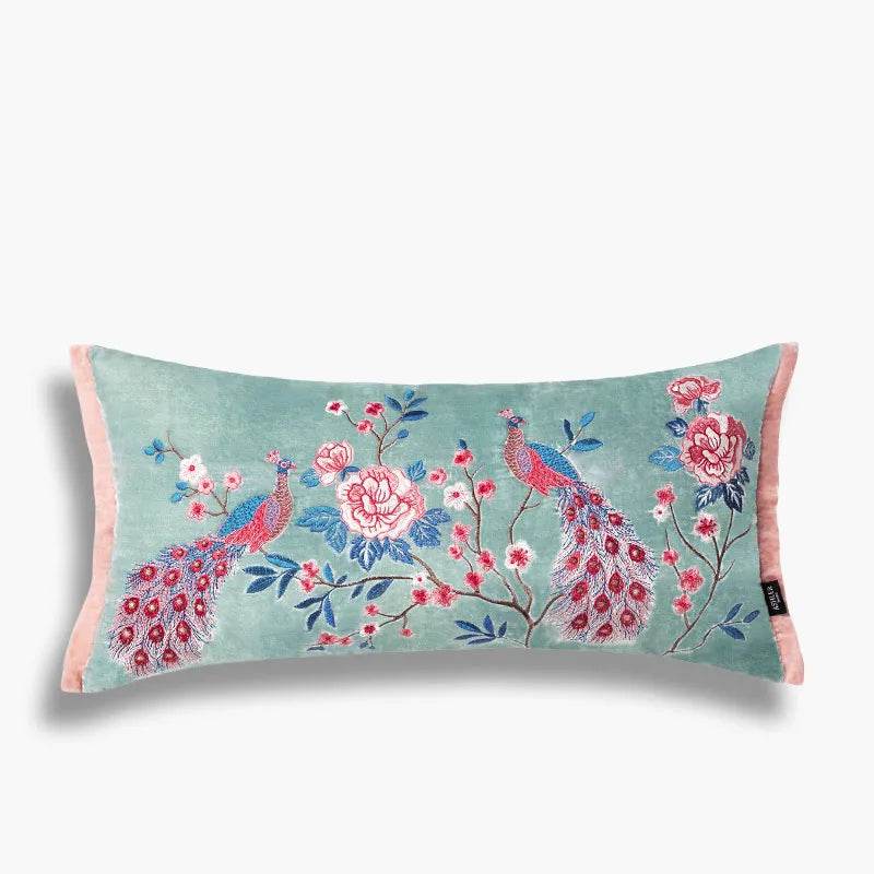Chinoiserie Embroidery Crane and Peony Bolster Lumbar Pillow - SinoCultural -- SJZBZ070A -