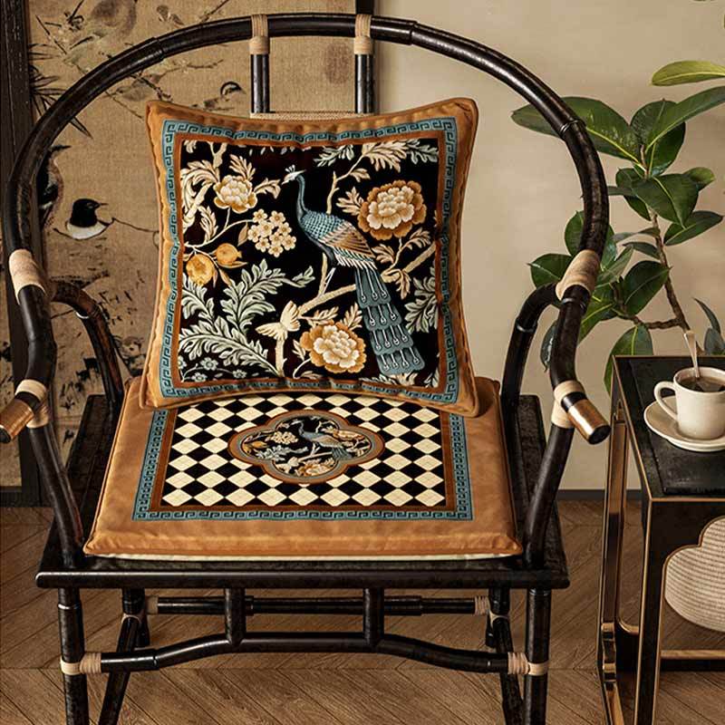 Chinoiserie Vintage Luxury Peacock Pattern Short Plush Chair Cushion - SinoCultural -- SC023A38