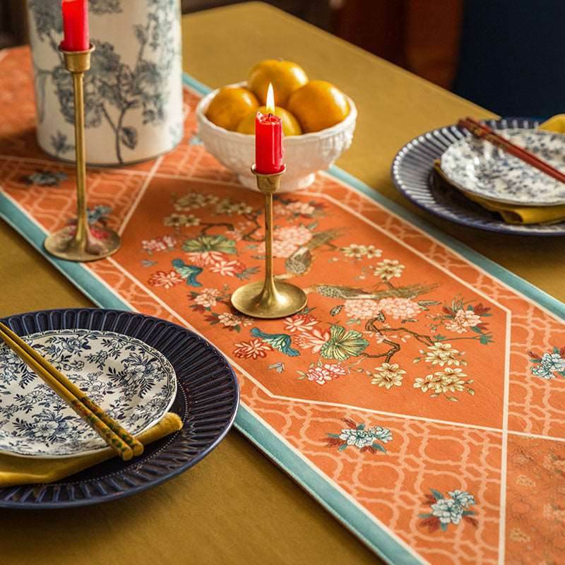 Chinoiserie Orange Mountain Hydrangea Table Runner - SinoCultural -- TR005Y160 -