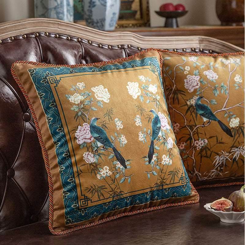 Chinoiserie Original Brown Flowers and Birds Throw Pillow Golden Reverie - SinoCultural -- SJZB040A01 -