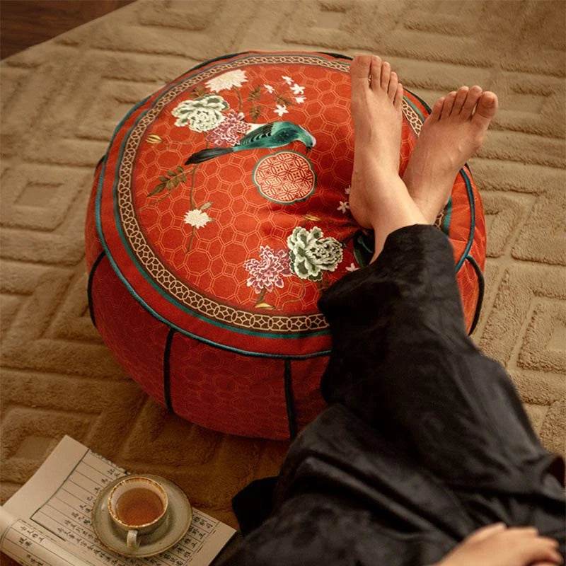 Chinoiserie Plush Joyful Red Sofa Ottoman Pouf - SinoCultural -- B48J0009-C