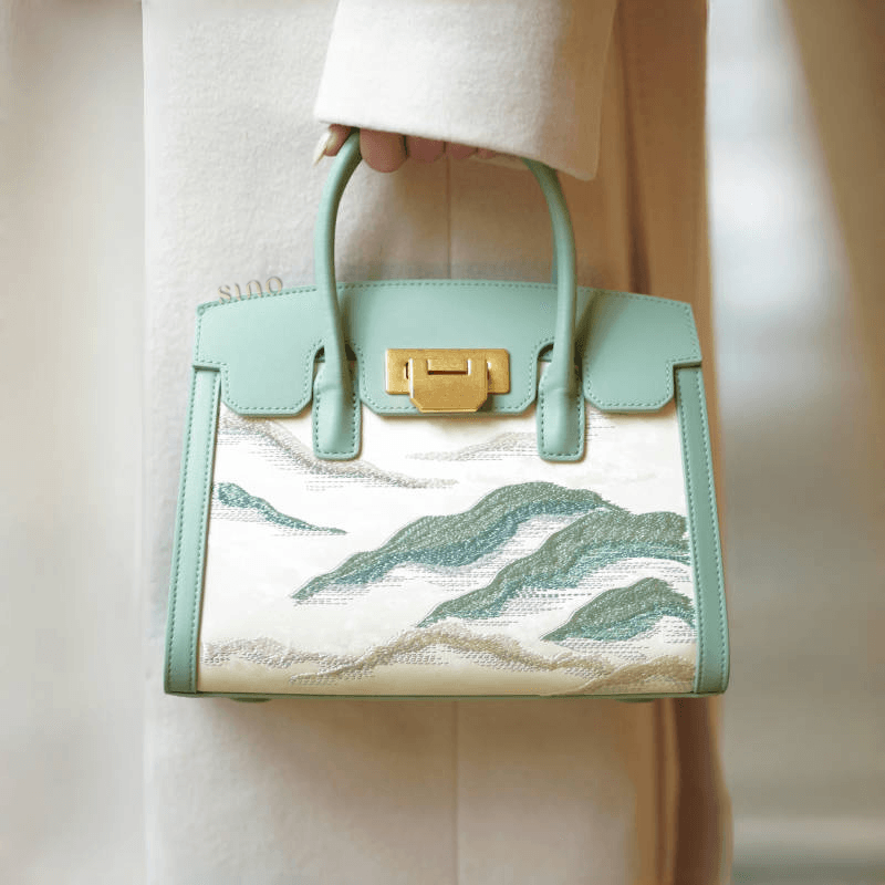 Embroidery Leather Elegant Birkin Handbag Cloud Mountain - SinoCultural -- P120659-1 -