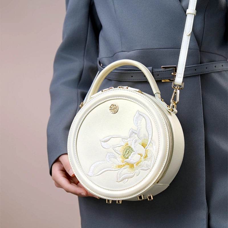 Embroidery Leather White Round Handbag Lotus - SinoCultural -- P120355 -