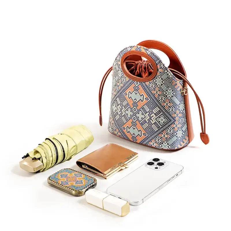 Zhuang Brocade Vintage Drawstring Bucket Bag - SinoCultural -- FJ120670