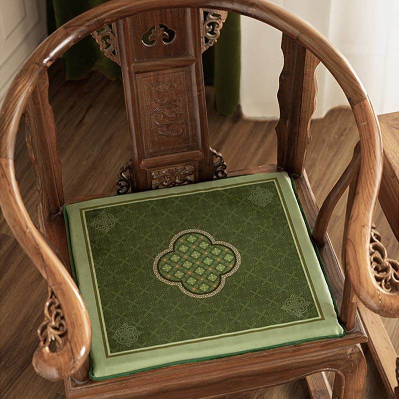 Chinoiserie Dark Green Vintage Short Plush Chair Cushion - SinoCultural -- SC001A38 -