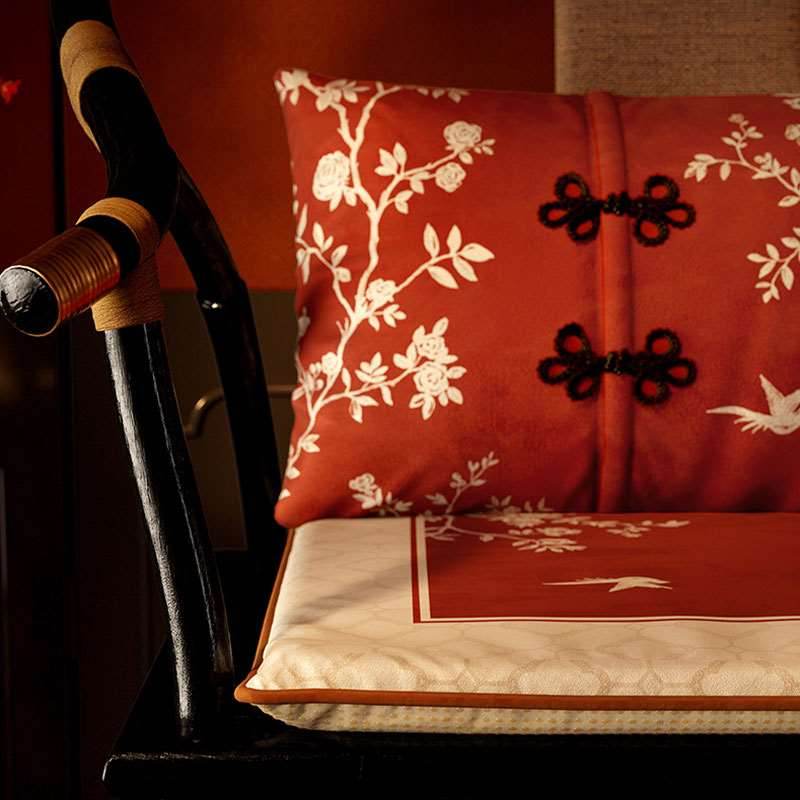 Chinoiserie Rose Moonlight Chinese Red Festival Lumbar Pillow - SinoCultural -- WP014A01