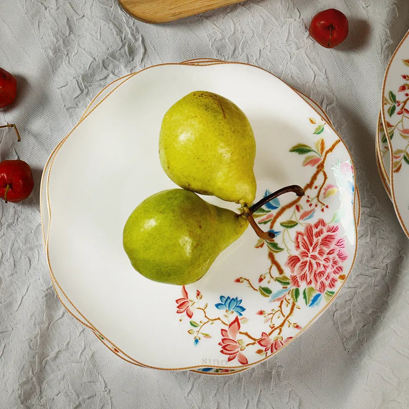 Top view of the 8’’ bone china plate with two pear on it.