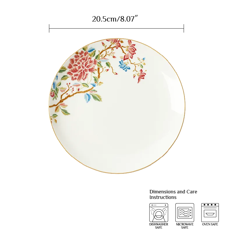 Size chart of 8’’ Chinoiserie bone china round dinner plate, 20.5 cm diameter.