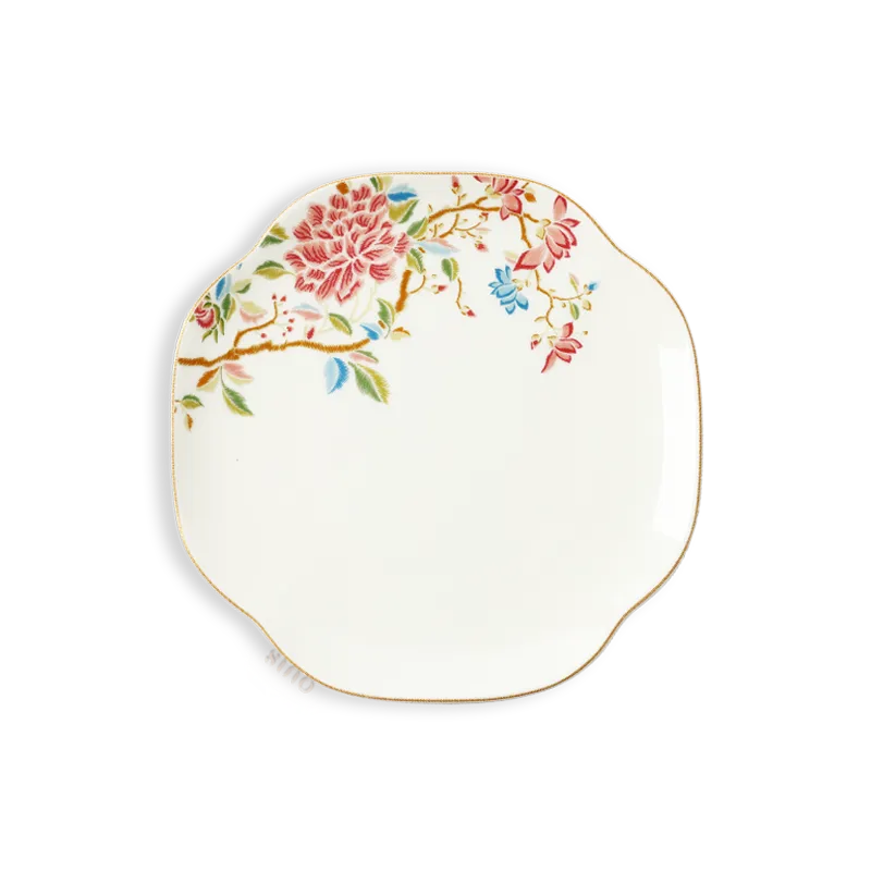 8’’ Bone China Square Dinner Plate with floral rim design.