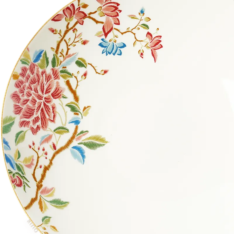 Left side floral detail of Chinoiserie bone china salad plate.