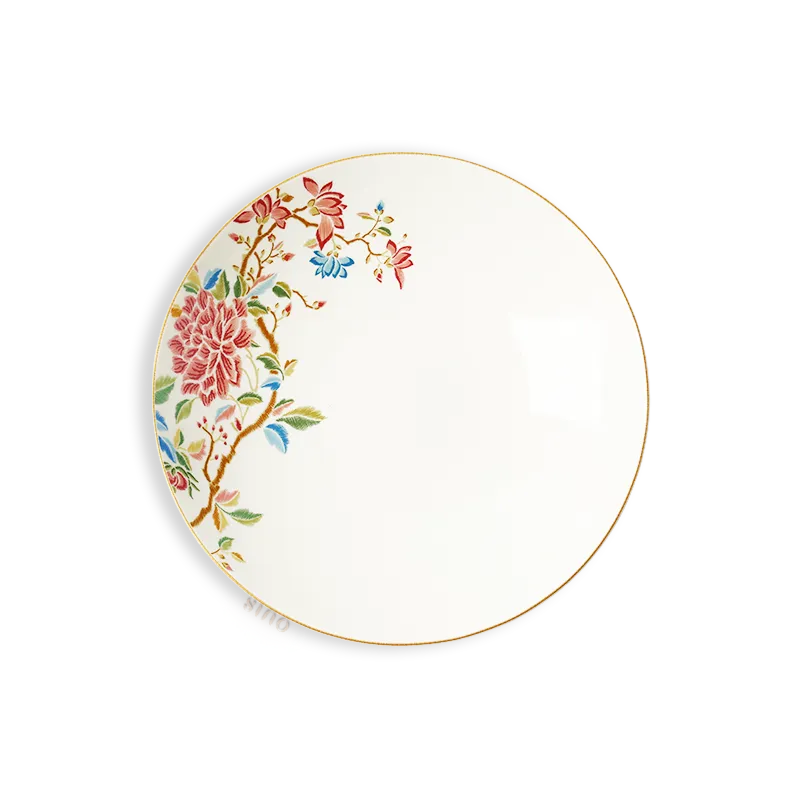 8.25’’ Chinoiserie bone china round salad plate, front view.