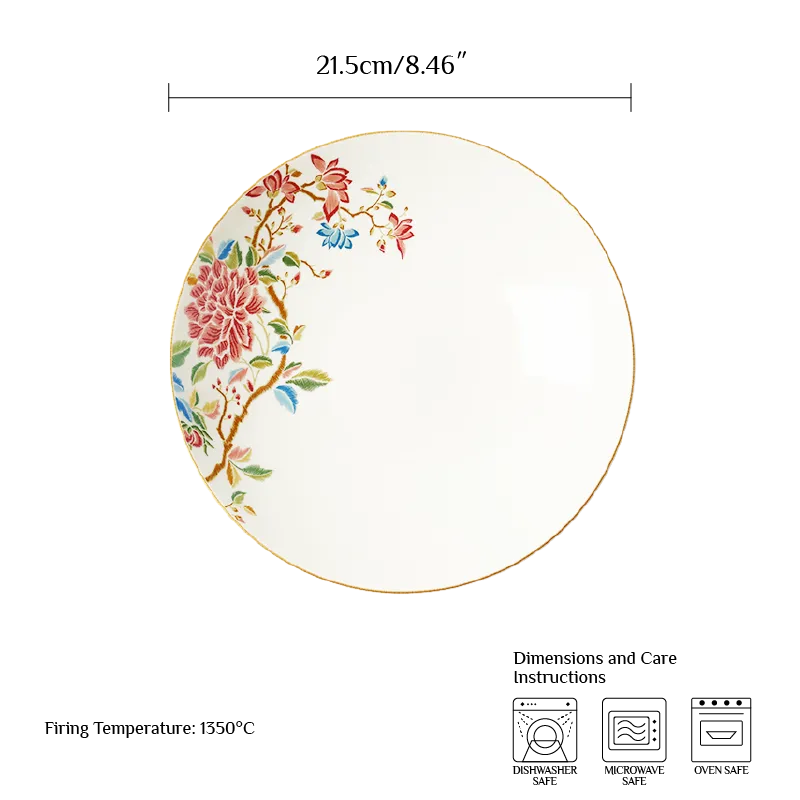 8.25’’ Chinoiserie salad plate with size guide, 21.5 cm diameter.