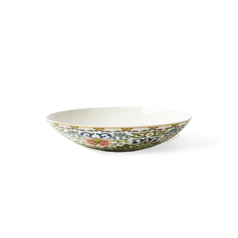8.3-inch Chinoiserie bone china shallow bowl on white background.