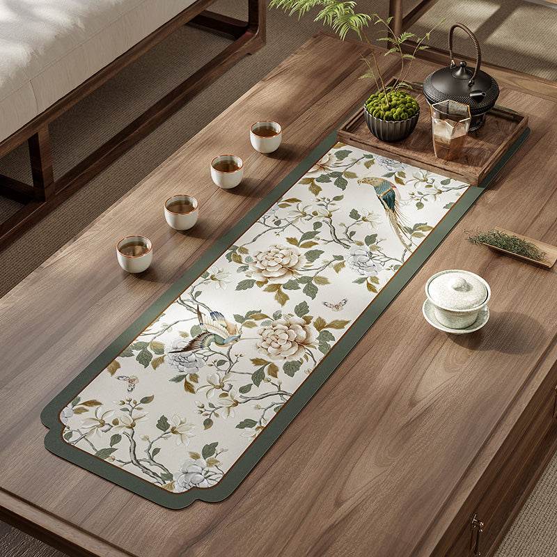 Chinoiserie Tea Table Runner Vintage Leather Absorbent Tea Mat - SinoCultural -- TM050A15