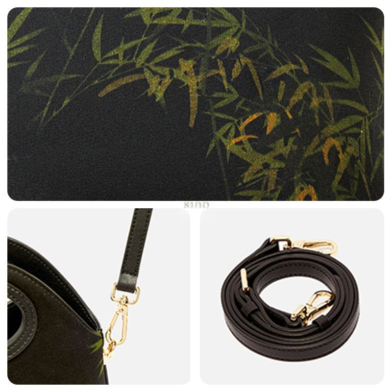 Xiangyunsha Silk Bamboo Black Drawstring Bucket Bag - SinoCultural -- YS120670-1 -