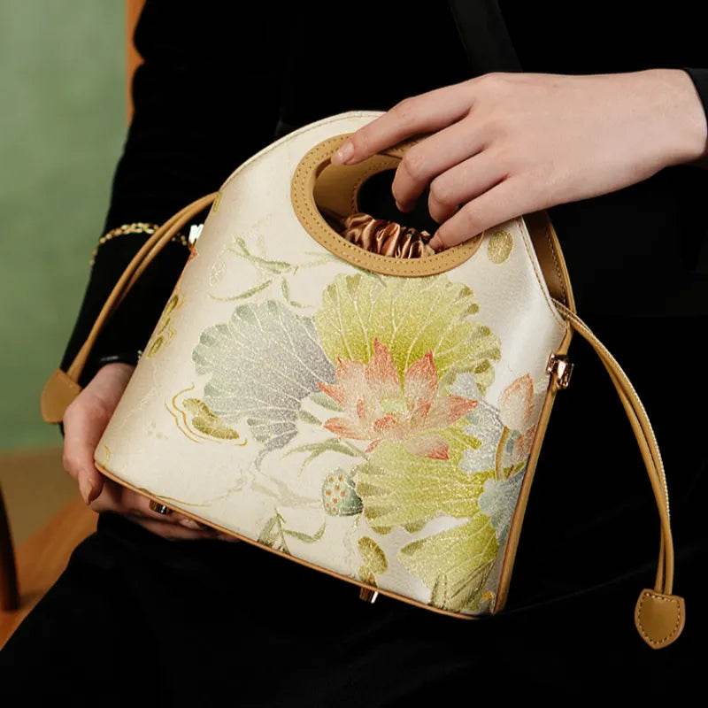 Printed Jacquard Lotus Khaki Drawstring Bucket Bag - SinoCultural